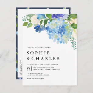 Blue Waterverf Hydrangea QR Code Wedding Uitnodiging Briefkaart