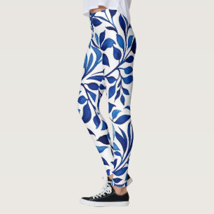Blue Waterverf Leaves Yogabroek Leggings Vrouwen