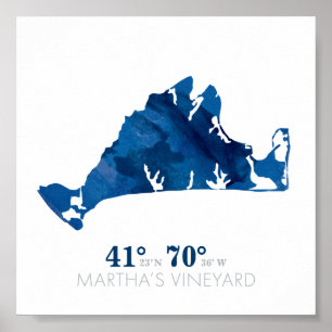Blue Waterverf Martha's Vineyard Coordinates Poster