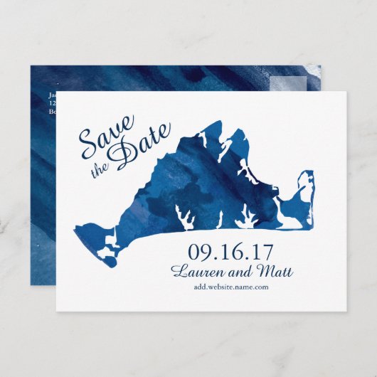 Blue Waterverf Martha's Vineyard Save the Date Aankondigingskaart (Voorkant / Achterkant)
