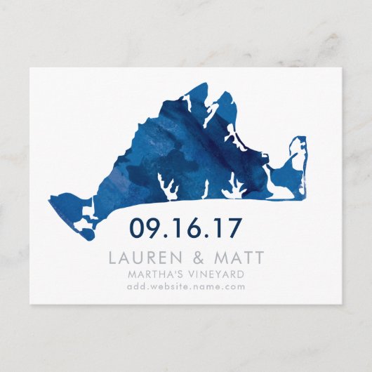 Blue Waterverf Martha's Vineyard Save the Date Aankondigingskaart (Voorkant)