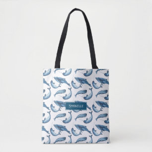 Blue Waterverf Monogrammed Whale and Narwhal Draagtas