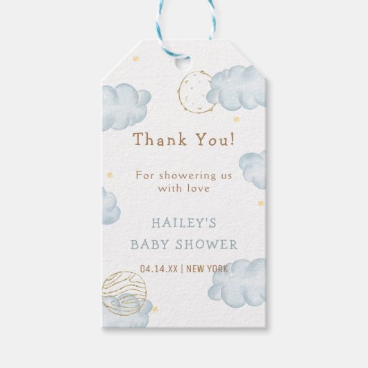 Blue Waterverf Moon Star Cloud Boy Baby shower Cadeaulabel (Voorkant)