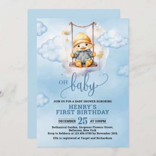 Blue Waterverf One Lucky Duck Boy 1st Birthday Kaart (Voorkant / Achterkant)