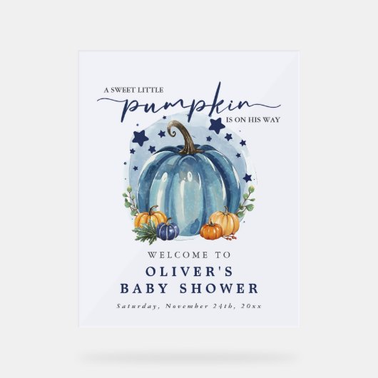 Blue Waterverf Pumpkin Boy Baby shower Welkom Acryl Bord (Voorkant)