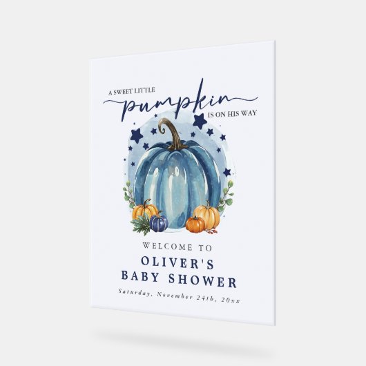 Blue Waterverf Pumpkin Boy Baby shower Welkom Acryl Bord (Hoek)