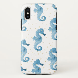 Blue Waterverf Seapaarden Pattern Gold Sparkles iPhone X Hoesje