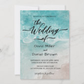 Blue Waterverf Shoreline Elegant Ocean Wedding Kaart (Voorkant)