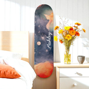 Blue Waterverf Sky Galaxy Celestial Skateboard