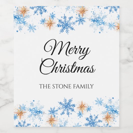 Blue Waterverf Snowflake Christmas Wine Label Wijn Etiket (Enkel label)