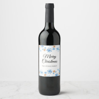 Blue Waterverf Snowflake Christmas Wine Label Wijn Etiket