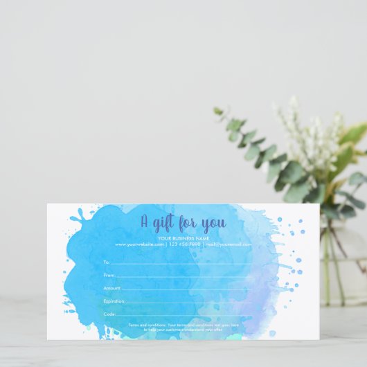 Blue Waterverf Splash Business Cadeaubon (Staand voorkant)
