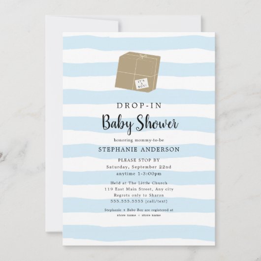 Blue Waterverf Stripe DROP-IN Boy Baby shower Kaart (Voorkant)