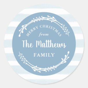 Blue Waterverf Stripe Round kerstcadeaus voor kers Ronde Sticker