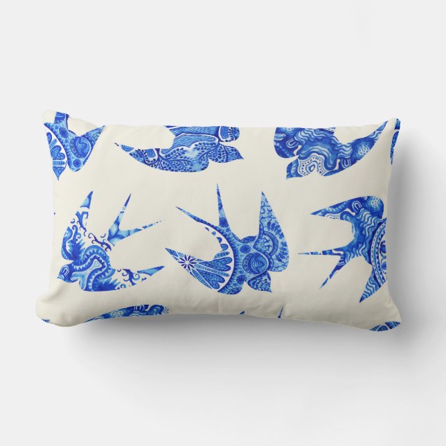 Blue Waterverf Swallow Bird Pattern Kussen (Voorkant)