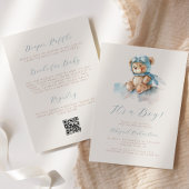 Blue Waterverf Teddy Bear QR Code Boy Baby shower Kaart