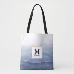 Blue Waterverf Waves Monogram Canvas tas