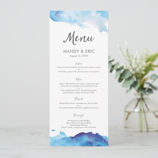 Blue Waterverf Wedding Menu of Program Card (Staand voorkant)