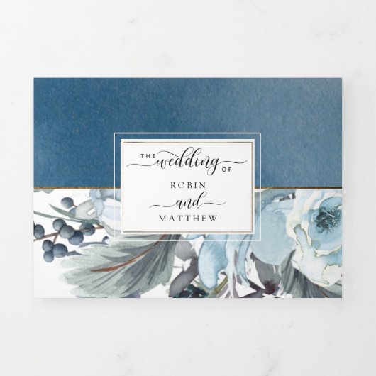 Blue Waterverf Wedding Tri-Fold Invitation RSVP Drieluik Uitnodiging (Cover)