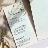 Blue Waterverf White Rose Wedding Menu Place Card