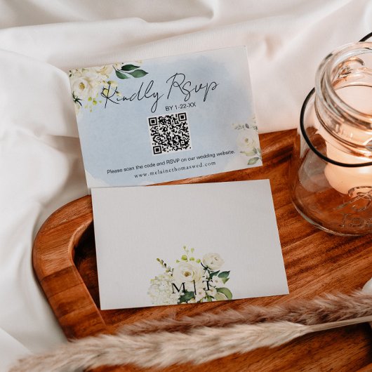 Blue Waterverf White Rose Wedding RSVP Kaart
