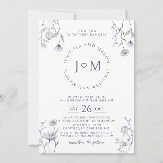 Blue waterverf wildflower bruiloft uitnodiging (Voorkant)