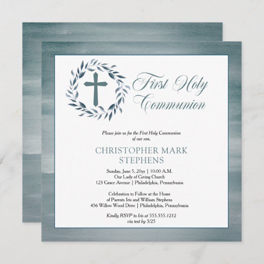 Blue Waterverf Wreath Boy First Kaart (Voorkant / Achterkant)