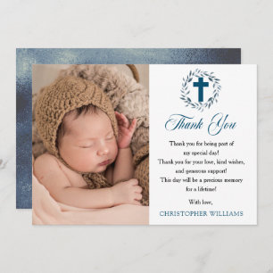 Blue Waterverf Wreath Boy Foto Baptisme Hartelijk  Bedankkaart