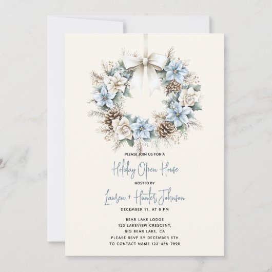 Blue Waterverf Wreath Holiday Open House Party Kaart (Voorkant)