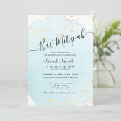 Blue Waterverf x Gold Spletters Bat Mitzvah Kaart (Staand voorkant)
