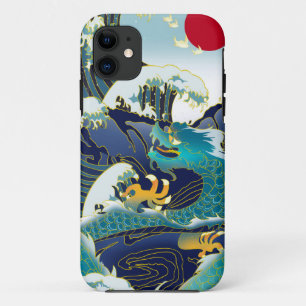 Blue Waves Green Dragon Red Sun Skateboard iPhone 11 Hoesje