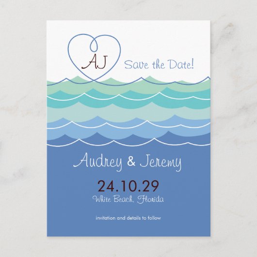 Blue Waves Loopy Heart Beach Modern Save The Date Aankondigingskaart (Voorkant)