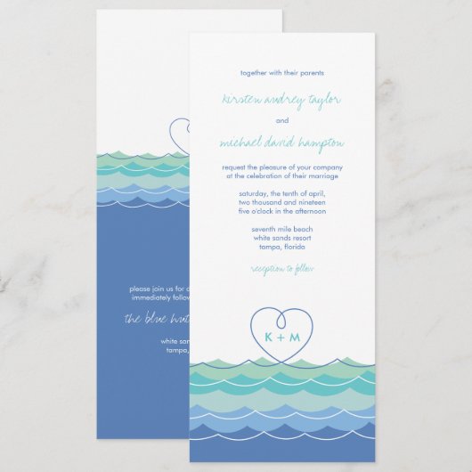Blue Waves Moderne Loopy Heart Beach Invitation de (Devant / Derrière)