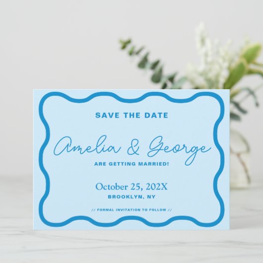 Blue Wavy Retro Save The Date (Staand voorkant)
