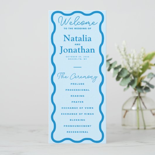 Blue Wavy Retro Wedding Programma (Staand voorkant)