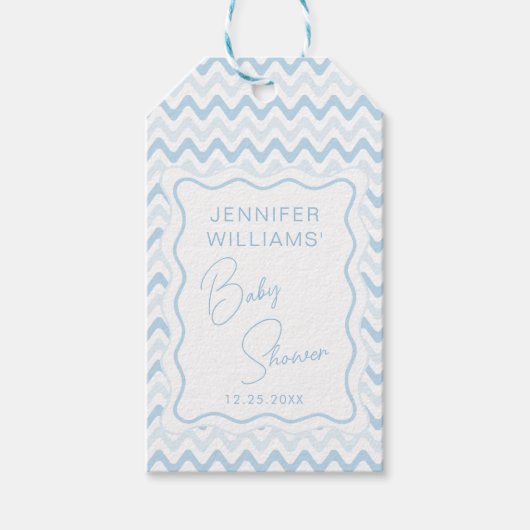Blue Wavy Scallop Retro Baby Boy Shower Dank u Cadeaulabel (Voorkant)