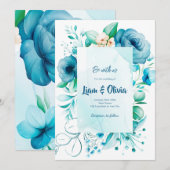 Blue Wedding Invitation Kaart van Waterverf Floral (Voorkant / Achterkant)