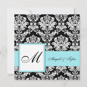 Blue Wedding Monogram Damask Uitnodiging
