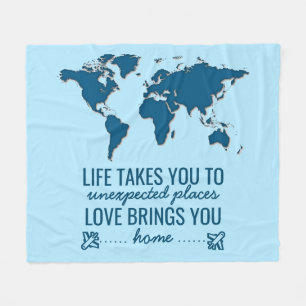 Blue Wereldkaart Motivatie Life Typography Quote Fleece Deken