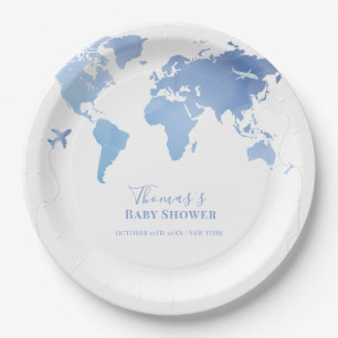 Blue Wereldkaart Travel Adventure Baby shower Papieren Bordje