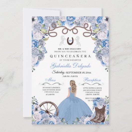 Blue Western Charra Girl Ranchero Quinceanera Kaart (Voorkant)