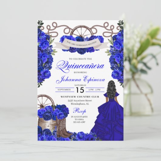 Blue Western Charra Ranchero Quinceanera Kaart (Staand voorkant)