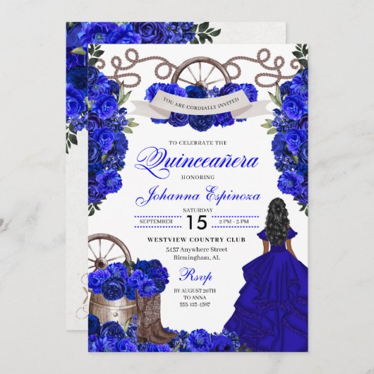 Blue Western Charra Ranchero Quinceanera Kaart (Voorkant / Achterkant)