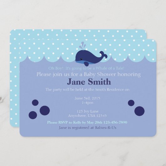 Blue Whale Theme Baby Boy Douche Uitnodiging (Voorkant / Achterkant)