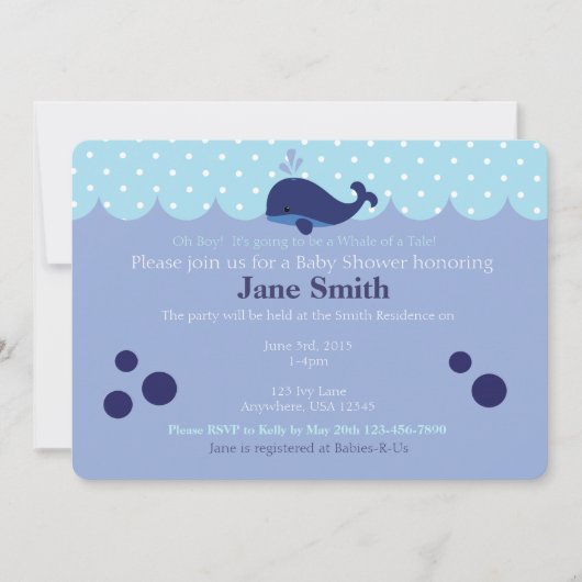Blue Whale Theme Baby Boy Shower Invitation (Devant)