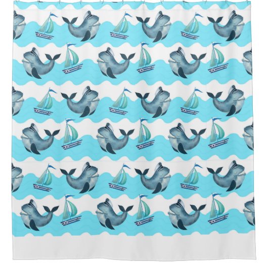 Blue Whales And Sailboats  Douchegordijn (Voorkant)
