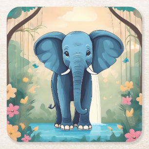 Blue Whimsical Baby olifant, Vierkante Kartonnen Onderzetter