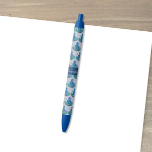 Blue Whimsical Bird Pattern Pen met naam