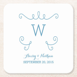 Blue Whimsical Flourish Monogram Paper Onderzetter