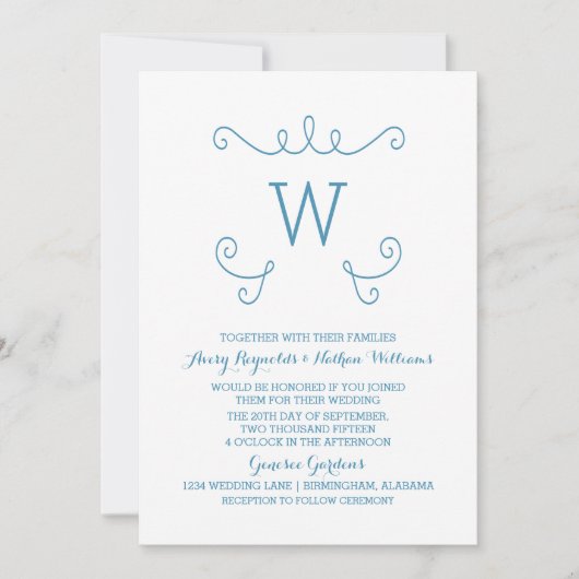 Blue Whimsical Flourish Monogram Wedding Invite Kaart (Voorkant)